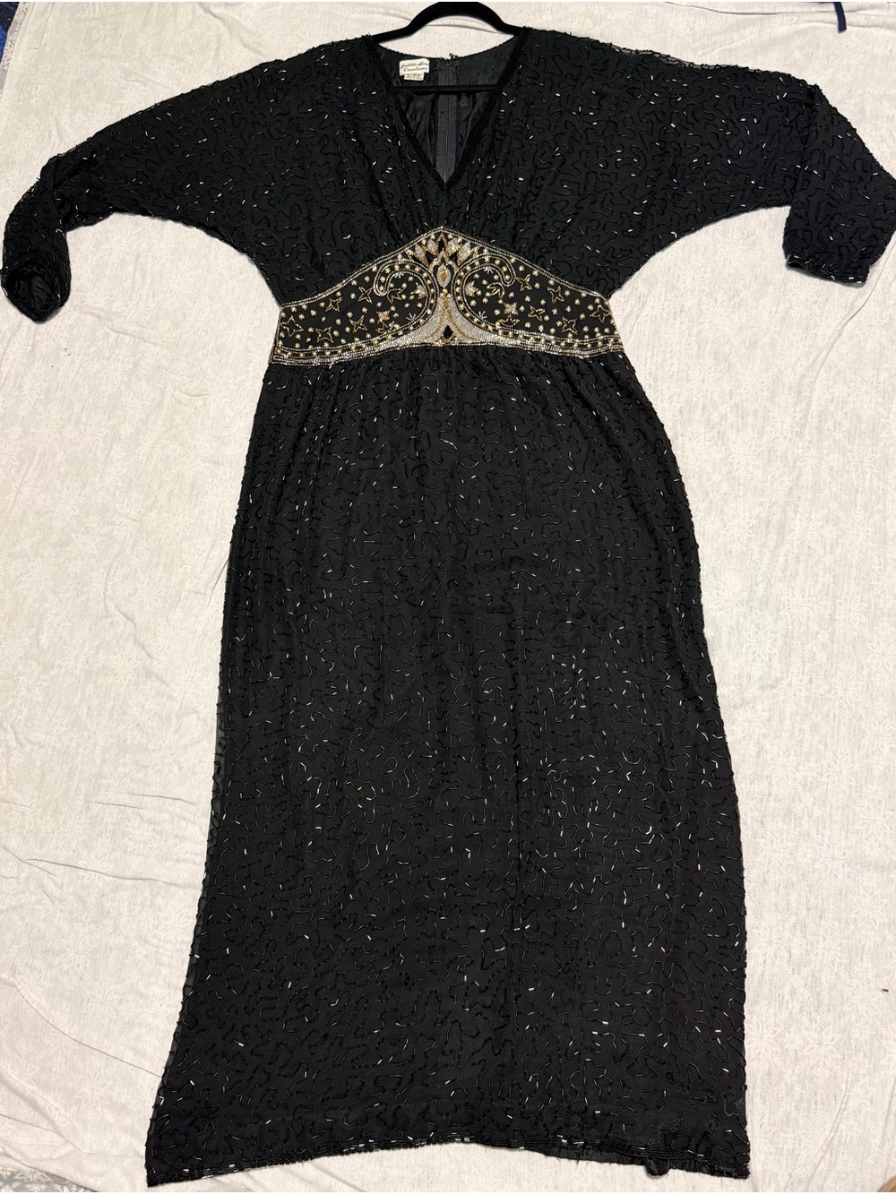 Vintage Judith Ann Creations Silk Beaded Maxi Dress Black Gold Art Deco Gown